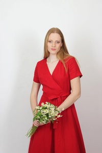 Nouvelle Arrivée Robe Longue en Coton Col V Manches Courtes Écologique Respirante Silhouette Évasée Robe Portefeuille pour Invitée de Mariage et Soirée - Product Image 5