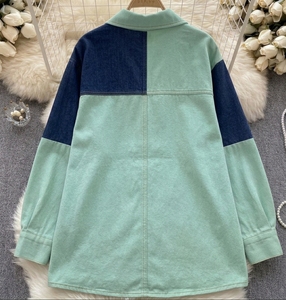 Women's Knitted Two-Tone Mint Green & <b>Indigo</b> Denim Jacket Breathable Oversized Colorblock Streetwear Shacket - Product Image 2