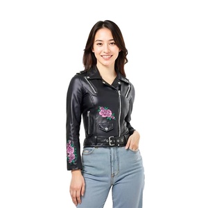 Wholesale Hand Embroidered Flower <b>White</b> Leather <b>Jacket</b> Heavy Metal Studded Real Sheepskin Motorcycle <b>Jacket</b> for Women OEM - Product Image 5