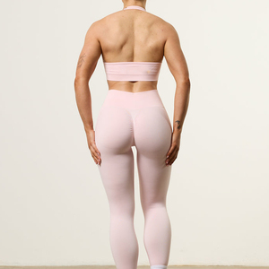 Leggings de yoga sans couture roses pour femmes, taille haute, longueur intégrale, côtelés, ensemble de vêtements de sport, soutien-gorge de sport, vêtements d'entraînement - Product Image 3