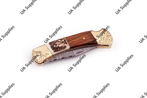 มีดพับด้ามไม้แกะสลักลายเขากวางทองเหลือง พร้อมใบมีดเหล็กดามัสกัสคมกริบ สำหรับตั้งแคมป์กลางแจ้ง บรรจุในซองหนัง รับผลิตแบบ ODM - Product Image 6