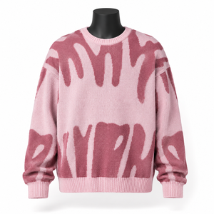 Pink Oversized Knit Pullover Crewneck <b>Sweater</b> with Abstract Print Unisex Autumn Wear Regular Fit Acrylic Material - Product Image 1