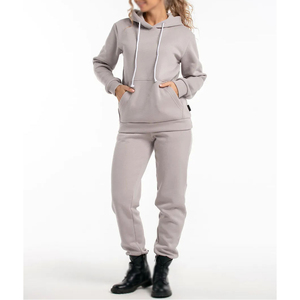 Women Gray Hooded Tracksuit Set Full Sleeve Solid Color Casual Autumn Wear Breathable Side <b>Pockets</b> Elastic Waist <b>Jogger</b> Pants - Product Image 1