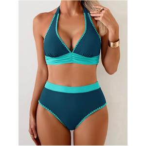 Traje de baño de dos piezas para mujer al por mayor, bikini push-up con cuello halter y cuello en V, conjunto de bikini de cintura alta con control de abdomen, traje de baño de verano para playa - Product Image 2