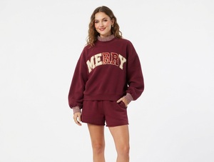 Women's 2 Piece Shorts <b>Set</b> Light Blue Fleece Mockneck <b>Sweater</b> Sequined Love Print Plaid Sleeves Casual Polyester/Cotton Winter - Product Image 2
