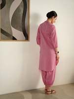 Robe midi rose à col Henley, manches trois quarts, coupe ample, en coton et lin, décontractée, toutes saisons, couleur unie, tissu tissé