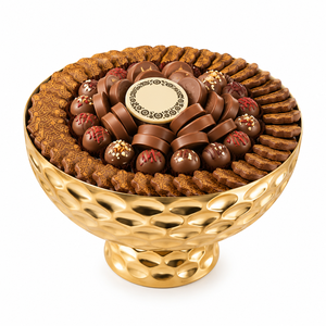 Support à chocolats argenté avec assortiment de chocolats haut de gamme emballés et une tranche de gâteau au caramel pour la présentation de cadeaux de mariage ou de fêtes - Product Image 6