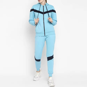 Conjunto Deportivo de Mujer con Capucha Azul Claro y Bloques de Color Negro, Sudadera con Cremallera de Manga Larga, Pantalones Deportivos Casuales Transpirables de Poliéster - Product Image 1