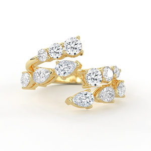 Bague Dramatic Vine Bypass en Or Jaune, Bande Fendue Asymétrique, Diamant Poire Rond, Grappe Botanique, Bijou Statement - Product Image 2