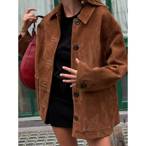 Chaqueta Retro de Cuero de Gamuza Marrón para Mujer, Abrigo Informal con Solapa, Bolsillos Sueltos, Moda de Otoño, 2024 - Product Image 2