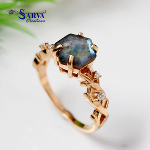 Bague en labradorite naturelle plaquée or 10 carats, argent sterling 925, pierre précieuse hexagonale, bijoux vintage pour cocktail, fiançailles, fête - Product Image 1