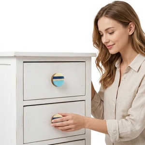 Bouton de tiroir rond en résine et bois, écologique, multifonctionnel, avec rayures bleues et beiges, style moderne, pour poignée de meuble de chambre - Product Image 3