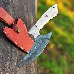 Handmade Ullu <b>Knife</b> in Damascus Steel Bone Handle Leather Sheath Eco-Friendly Ambidextrous Modern Dishwasher <b>Safe</b> - Product Image 5
