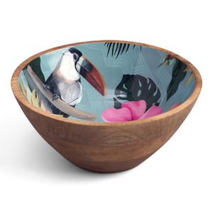 Bol de service en bois de manguier imprimé, fait main, rond, finition de qualité alimentaire pour nouilles, soupes, currys, snacks, finition tourmaline - Product Image 1