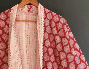 Women's Vintage Kantha Printed Cotton Jacket Reversible Long Sleeve <b>Cardigan</b> <b>with</b> <b>Belt</b> Closure Casual Outerwear - Product Image 2