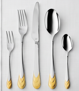 Ensemble de couverts minimalistes en acier inoxydable avec poignées plaquées or, finition miroir, passe au lave-vaisselle, pour la vaisselle de mariage - Product Image 1