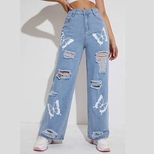 Jean baggy à jambe large pour femme, taille mi-haute, coupe droite, en denim bleu tie-dye, avec dentelle et volants, pantalon de créateur, style streetwear décontracté - Product Image 4