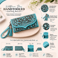 Cartera de Pulsera de Cuero Genuino Premium con Grabado Floral, Cartera Tipo Clutch con Cierre y Borla, Estilo RFID, Cartera Larga para Mujer