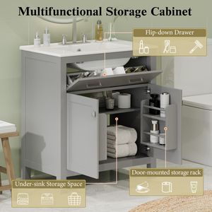 Mobile bagno singolo moderno grigio da 76 cm con lavabo in ceramica, 2 ante soft-close e un ripiano - Product Image 6