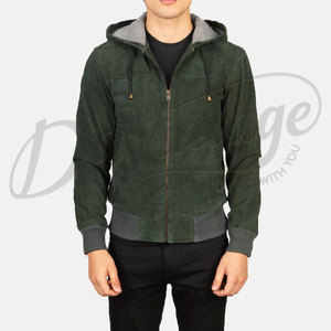 Veste bomber à capuche en daim vert olive pour homme, coupe slim, décontractée, zippée, en daim véritable, douce, tendance, vêtement d'extérieur - Product Image 3