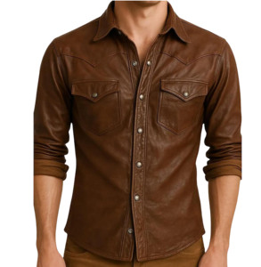 Best Quality Men Leather Casual <b>Shirt</b> Long Sleeve Regular Fit Breathable Stand Street Style <b>Button</b>-Up Customized Leather <b>Shirt</b> - Product Image 5
