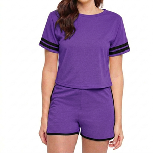Conjunto Deportivo de Dos Piezas para Mujer, Color Morado, Top Corto de Manga Corta con Pantalones Cortos, Cuello Redondo, Tejido Transpirable, para Primavera/Verano - Product Image 1