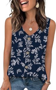 Women's <b>Navy</b> Blue Floral Print V-Neck Sleeveless Tank <b>Top</b> With Buttons Casual Breathable Woven <b>Tops</b> - Product Image 3