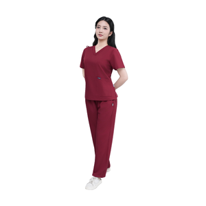 Women's Maroon <b>Scrub</b> Set V-Neck Short Sleeve Hospital Uniform Woven poly rayon Pants Included - Product Image 2