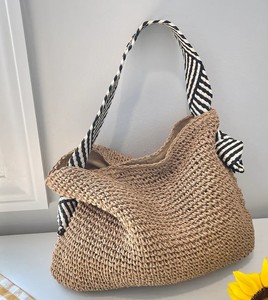 hand woven shoulder bag <b>black</b> and white vegan leather shoulder strap underarm purse handbags for women cotton lining beach tote - Product Image 3