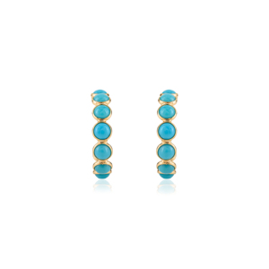 Pendientes de Aro en Forma de C Minimalistas con Turquesa de Corte Redondo, Hechos a Mano, Regalo de Boda, Oro Amarillo Sólido de 18K, Nuevas Joyas Recién Llegadas - Product Image 1