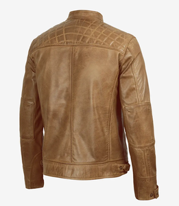 Veste moto en cuir véritable marron pour homme, col montant, fermeture éclair, coupe classique, pour l'automne - Product Image 2