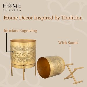Modern Bohemian Metal Flower Pots With Hand Carved Pattern Indoor Desktop Planters For Green <b>Plants</b> Gold Finish - Product Image 2