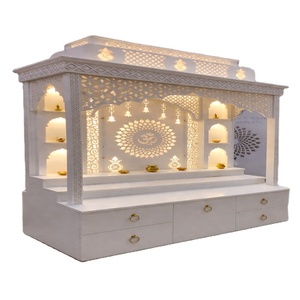 Mandir personnalisé aspect marbre pour la maison, temple blanc moderne avec design Om Jali rétroéclairé, unité de Puja hindoue contemporaine en promotion - Product Image 1