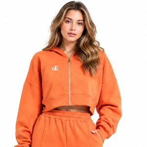 Conjunto Deportivo de Moda para Mujer, Sudadera Corta con Cremallera Naranja, Pantalones Anchos de Felpa, Personalizado, Talla Grande, para Otoño e Invierno - Product Image 2