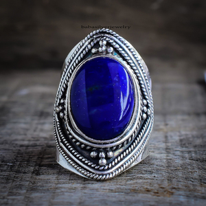 แหวนลาพิส ลาซูลี พลอยสีน้ำเงินธรรมชาติ แหวนเงินแท้ทำมือ สไตล์โบโฮ ของขวัญสำหรับเธอ - Product Image 1