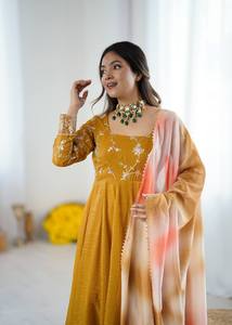 <b>Women</b> Mustard Yellow Embroidered Anarkali <b>Kurta</b> Palazzo Dupatta Set Traditional Indian Pakistani Ethnic Wear - Product Image 5