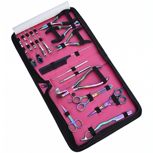 Best Value Rainbow Hair Extension Tools Set Tape In Plier Bond <b>Cutter</b> <b>Thread</b> Scissor Sectioning Clips Pink Carry Case - Product Image 1