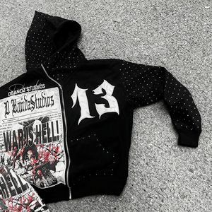 Sweat à capuche unisexe personnalisé en coton tricoté 300 g/m² avec broderie vieillie, fermeture éclair et strass, style streetwear, effet délavé - Product Image 3