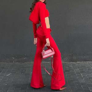 Women's Premium Cropped Tracksuit 2026 <b>Red</b> Slim Fit Full Zip Hoodie and Bow-Knot Low Rise <b>Flare</b> Pants Streetwear Outfit HD - Product Image 6