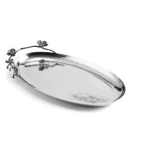 Elegant Silver Hammered Metal <b>Tray</b> with Floral Orchid Branch Handle Luxury Stainless Steel Oval Platter for Fine Dining Event - Product Image 1