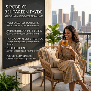 Robe kimono longue florale écologique pour femmes |   Robe de chambre en coton imprimée à la main |   Peignoir de plage à col en V et manches longues - Product Image 3