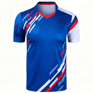 เสื้อยืดกีฬาคอวีพิมพ์ลายแบบซับลิเมชั่นสำหรับผู้ชาย แห้งเร็ว ผลิตจากโพลีเอสเตอร์ เหมาะสำหรับแบดมินตัน เทเบิลเทนนิส ฝึกซ้อม สามารถสั่งทำสีบล็อกได้ - Product Image 6