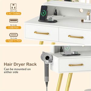White <b>Makeup</b> Vanity Desk with LED Lighted 27\" X 20\" <b>Mirror</b> Charging Station Stool 8 Storage Spaces - Product Image 4
