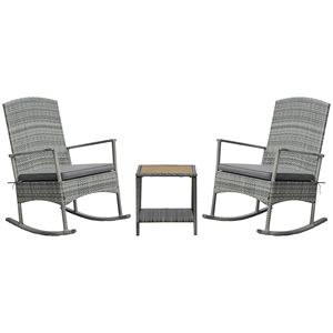 Set di 3 Sedie a Dondolo da Esterno in Rattan PE con Cuscini Morbidi e Seduta in Legno per Patio e Terrazza - Product Image 1