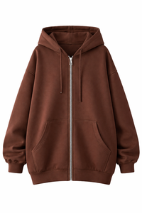 Sudadera con Capucha Unisex de Alta Calidad, Color Marrón Liso, Cierre Completo, Forro Polar Grueso de 300g, Cálida, Talla Grande, 100% Algodón, para Invierno - Product Image 3