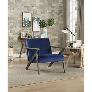 Poltrona Moderna in Velluto Blu Stile Retrò con Finitura Grigio Anticato, 1 Pezzo in Legno Massello di Gomma per Soggiorno - Product Image 1