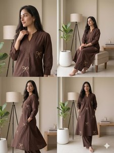 Ensemble pantalon et kurta en voile de coton à manches longues pour femmes adultes, couleur unie marron, brodé, col en V, longueur cheville, vêtements décontractés musulmans, OEM - Product Image 3