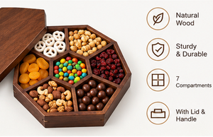 Plateau de rangement portable hexagonal moderne en bois naturel avec couvercle, 7 compartiments, organisateur multifonctionnel pour fruits secs, noix, bonbons, salon - Product Image 3