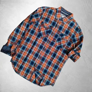 Chemise à carreaux orange, bleue et blanche pour homme, avec deux poches poitrine, manches longues, en flanelle, sans logo ni étiquette, vente en gros - Product Image 6