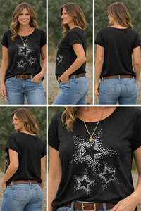 Camiseta de mujer con estampado de estrellas de diamantes de imitación, manga corta, cuello redondo, negra, informal, para verano, estilo urbano - Product Image 5
